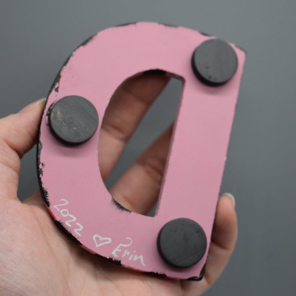 HAND CRAFTED Wood Magenet Letter D Hand Painted Pink With Black Stripes - Picture 6 of 8